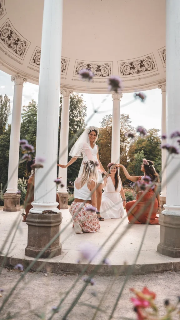 meilleures activités evjf Strasbourg Reine de la journée EVJF entourée de ses amies à Strasbourg dans un décor floral