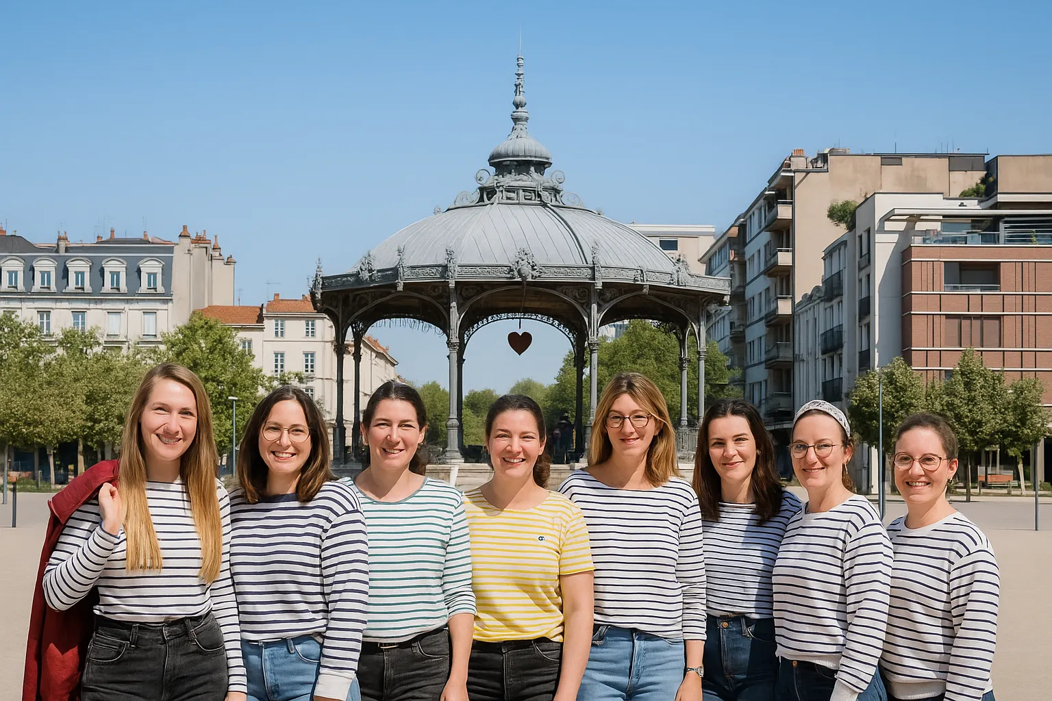 Groupe de filles en marinière posant pour un shooting EVJF à Valence devant le kiosque Peynet par une journée ensoleillée